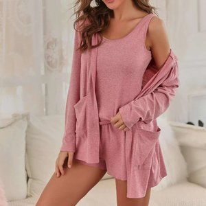 3 for 20 💖 Three Piece Pink Soft Lounge Sleep Pajama Hooded Robe Pocket Set